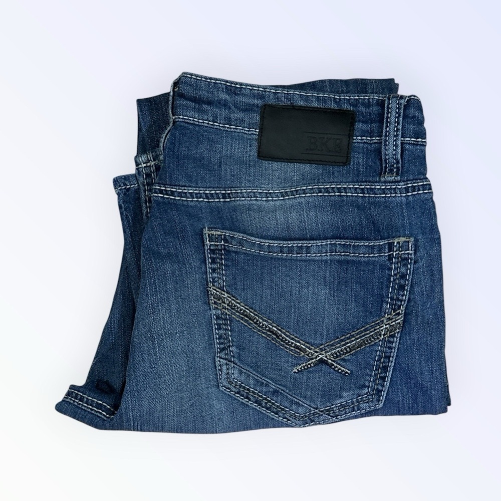 Buckle BKE Jake Straight Fit Jeans Stretch Denim 34x33 Mens Blue Thick Stitch